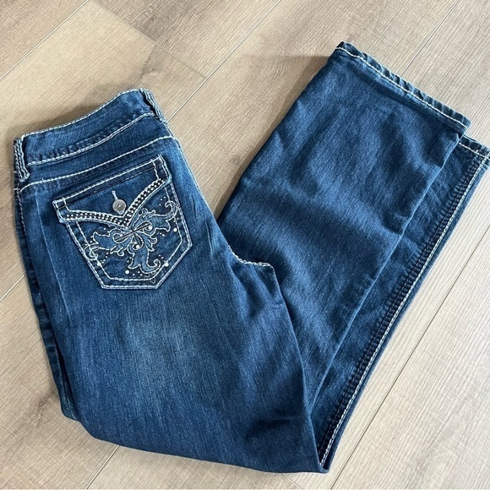Nine West Jeans Waist 34” Inseam 31”Stretch Bootcut Bling On Pockets Blue - Picture 3 of 8